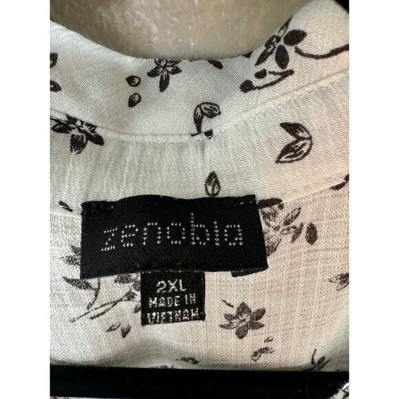 Zenobia Women's White‎ Floral Blouse size 2XL short sleeve button tie rayon - Picture 3 of 7